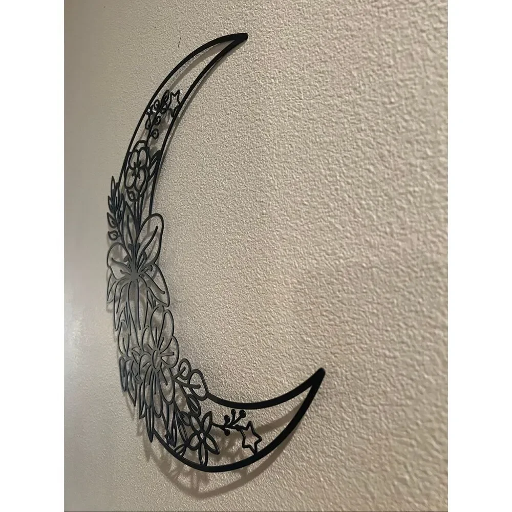 Black Metal Crescent Moon Stars Floral Lily Wall Decoration